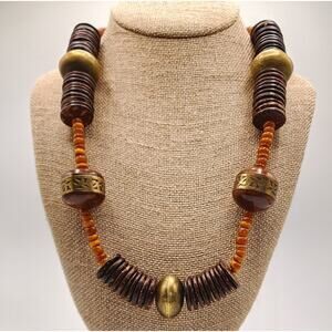 Vintage 1970s Boho Tribal Necklace Brass Wood Coconut Shell Beads 24” Statement
